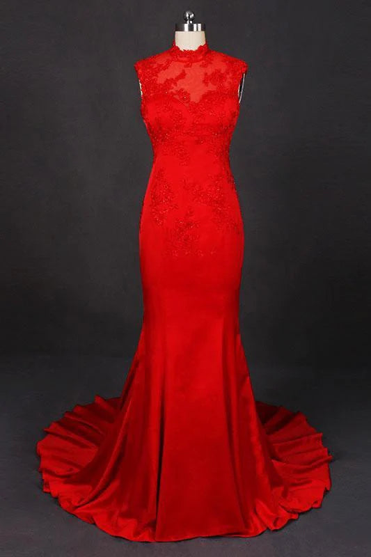 Appliques Neck Sleeveless Satin Evening Dress Prom Dresses